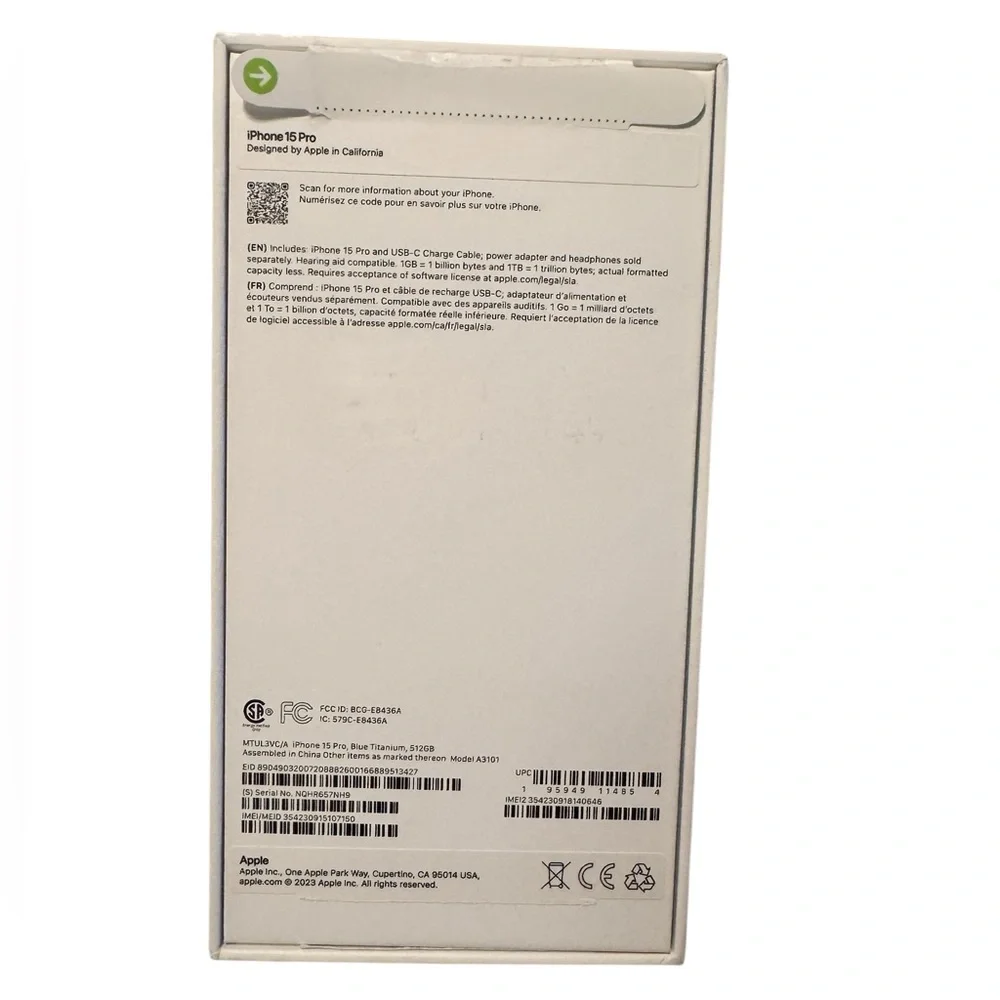 Apple iPhone 15 Pro Box Packaging with Inserts